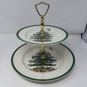 Vintage Spode Christmas Tree 2-Tiered Serving Plate Tray Made In England